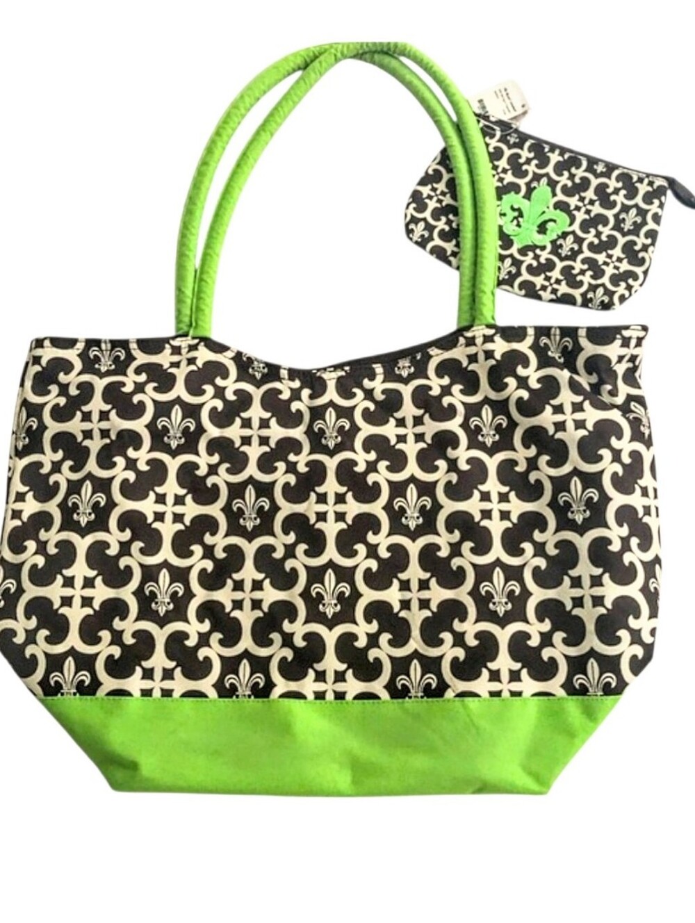 NWT. Fleur-de-Lis Zip Top Canvas Tote & Catch All Lime Green Accents.